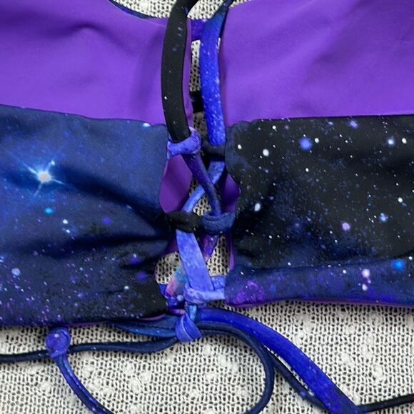 HOT TOPIC Galaxy Purple Lattice Reversible Swim Swimsuit Bikini Large NWT - Picture 8 of 13
